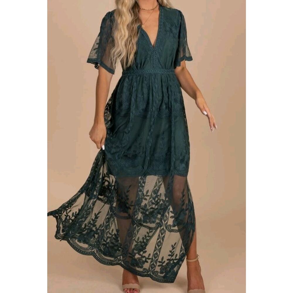 Teal Lace Dress XL Maxi Floral Boho Whimsy Fairy Renaissance Festival Bella Ella